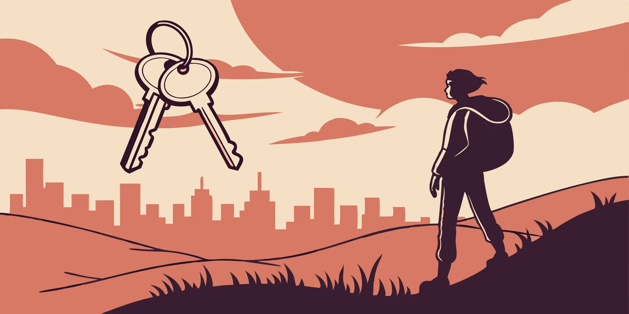Investor with keys overlooking city skyline.